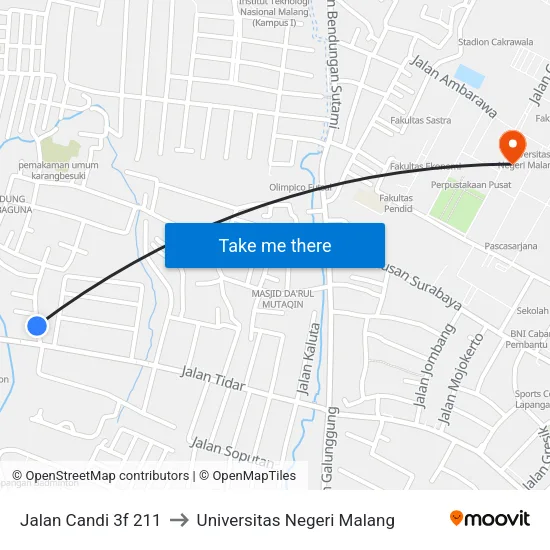 Jalan Candi 3f 211 to Universitas Negeri Malang map