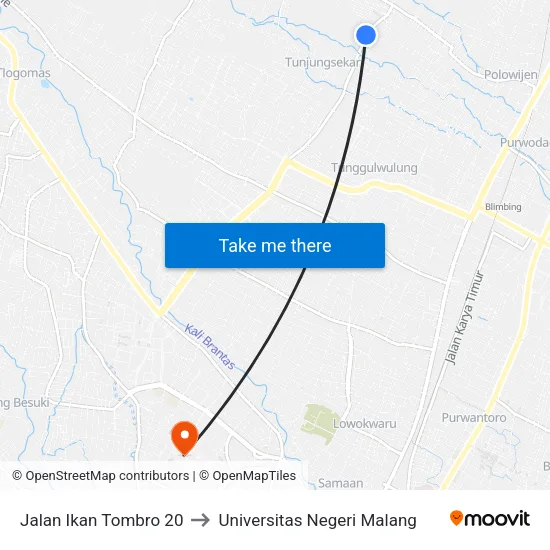 Jalan Ikan Tombro 20 to Universitas Negeri Malang map