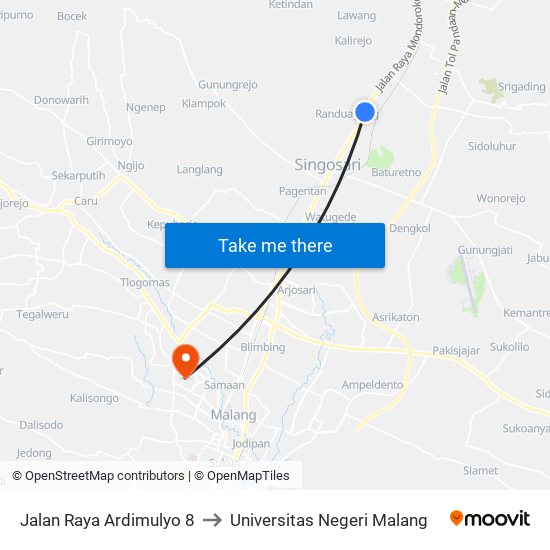 Jalan Raya Ardimulyo 8 to Universitas Negeri Malang map