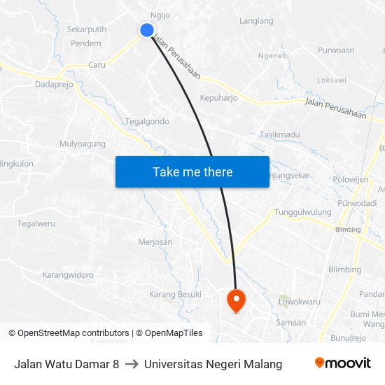 Jalan Watu Damar 8 to Universitas Negeri Malang map