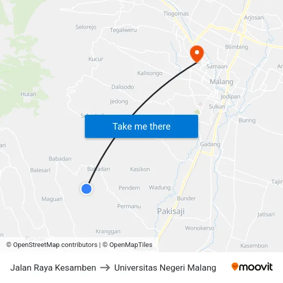 Jalan Raya Kesamben to Universitas Negeri Malang map