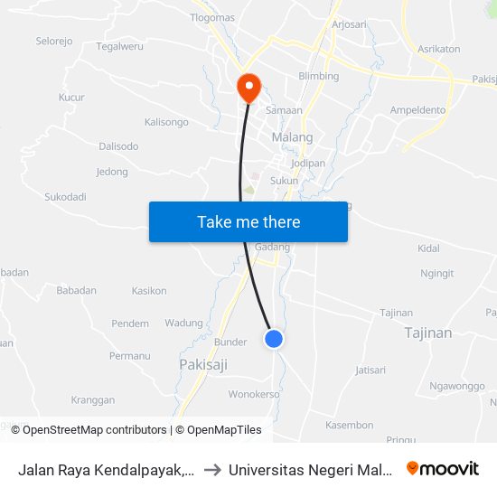 Jalan Raya Kendalpayak, 16 to Universitas Negeri Malang map