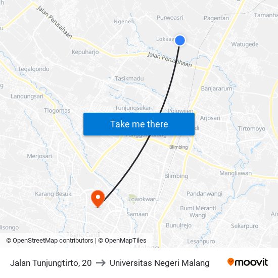 Jalan Tunjungtirto, 20 to Universitas Negeri Malang map