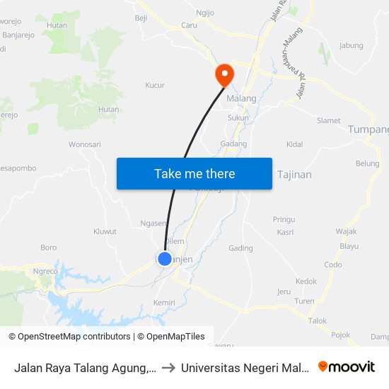 Jalan Raya Talang Agung, 14 to Universitas Negeri Malang map