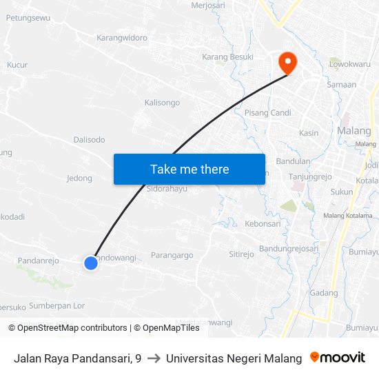 Jalan Raya Pandansari, 9 to Universitas Negeri Malang map