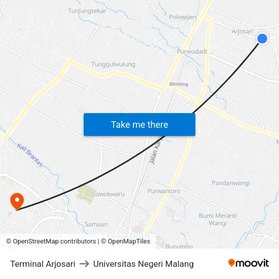 Terminal Arjosari to Universitas Negeri Malang map