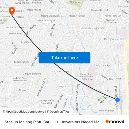 Stasiun Malang Pintu Barat 1 to Universitas Negeri Malang map