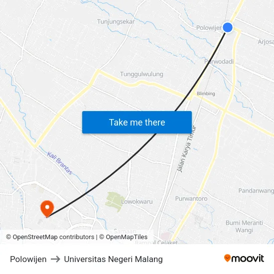 Polowijen to Universitas Negeri Malang map