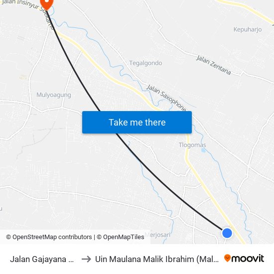 Jalan Gajayana 683 to Uin Maulana Malik Ibrahim (Malang) map