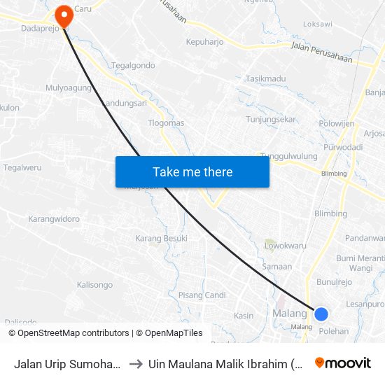 Jalan Urip Sumoharjo 38 to Uin Maulana Malik Ibrahim (Malang) map