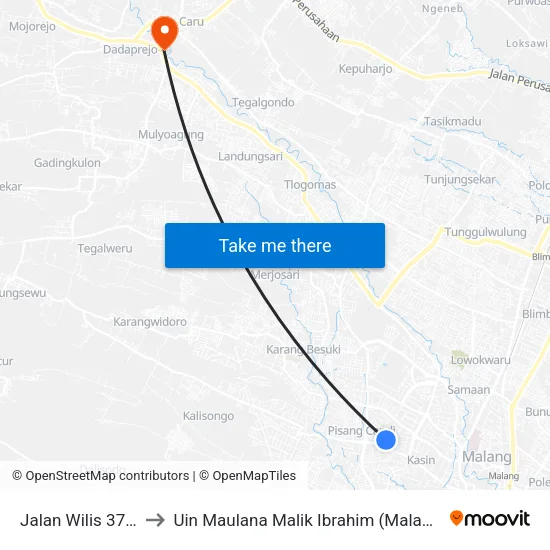 Jalan Wilis 37 A to Uin Maulana Malik Ibrahim (Malang) map