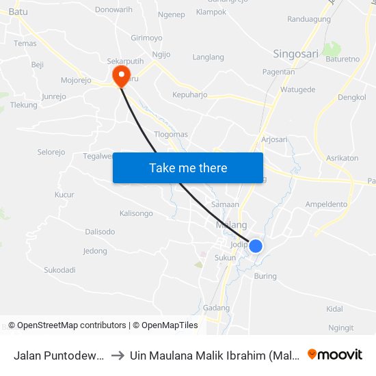 Jalan Puntodewo 5 to Uin Maulana Malik Ibrahim (Malang) map