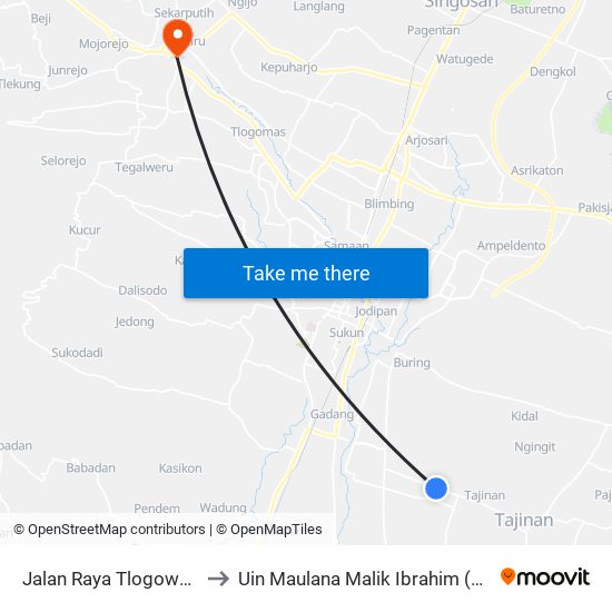 Jalan Raya Tlogowaru 14 to Uin Maulana Malik Ibrahim (Malang) map