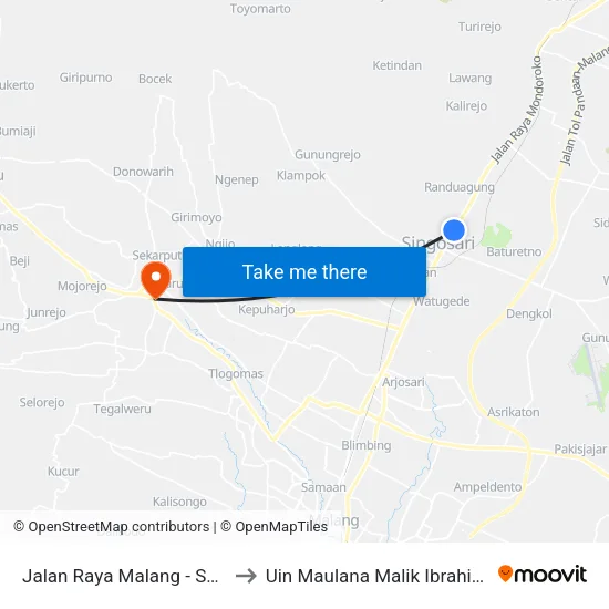 Jalan Raya Malang - Surabaya 43 to Uin Maulana Malik Ibrahim (Malang) map