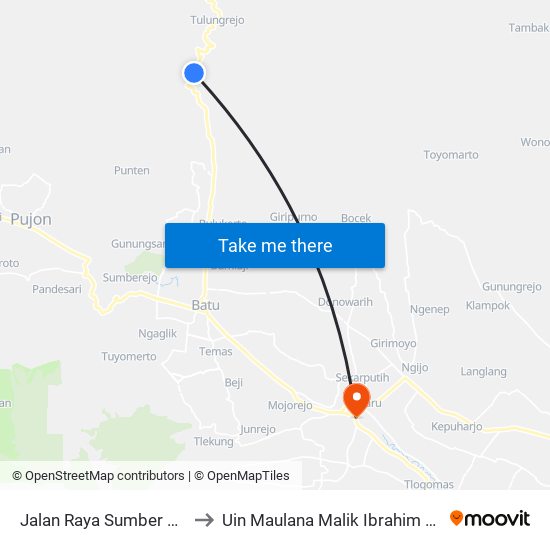 Jalan Raya Sumber Brantas to Uin Maulana Malik Ibrahim (Malang) map