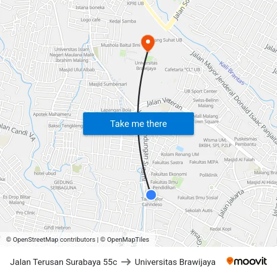 Jalan Terusan Surabaya 55c to Universitas Brawijaya map