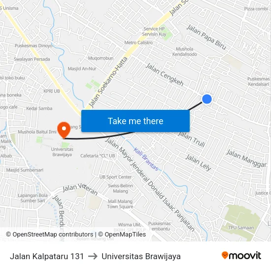 Jalan Kalpataru 131 to Universitas Brawijaya map