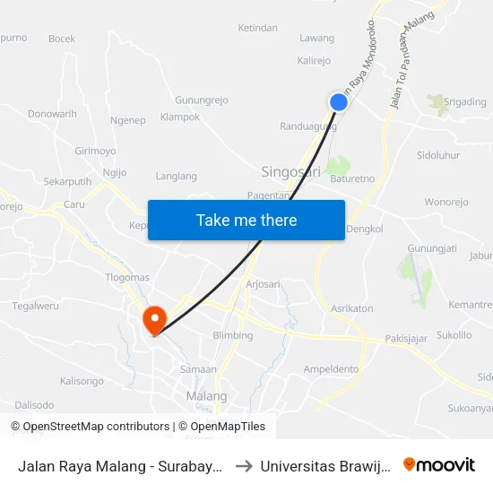 Jalan Raya Malang - Surabaya 16 to Universitas Brawijaya map