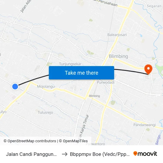 Jalan Candi Panggung 21 to Bbppmpv Boe (Vedc/Pppptk) map