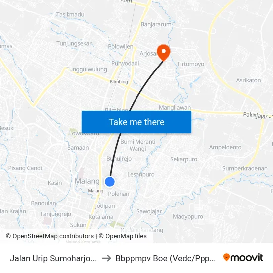 Jalan Urip Sumoharjo 38 to Bbppmpv Boe (Vedc/Pppptk) map