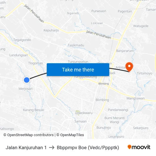 Jalan Kanjuruhan 1 to Bbppmpv Boe (Vedc/Pppptk) map