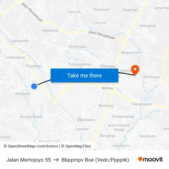 Jalan Mertojoyo 55 to Bbppmpv Boe (Vedc/Pppptk) map