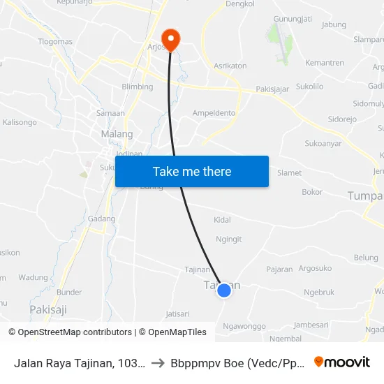 Jalan Raya Tajinan, 103-127 to Bbppmpv Boe (Vedc/Pppptk) map