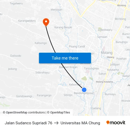 Jalan Sudanco Supriadi 76 to Universitas MA Chung map