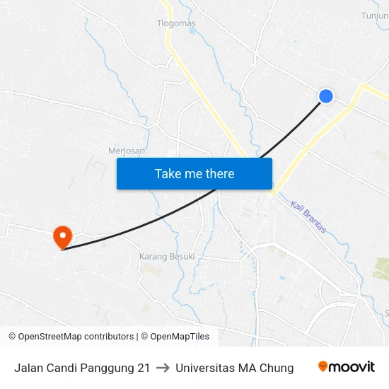 Jalan Candi Panggung 21 to Universitas MA Chung map