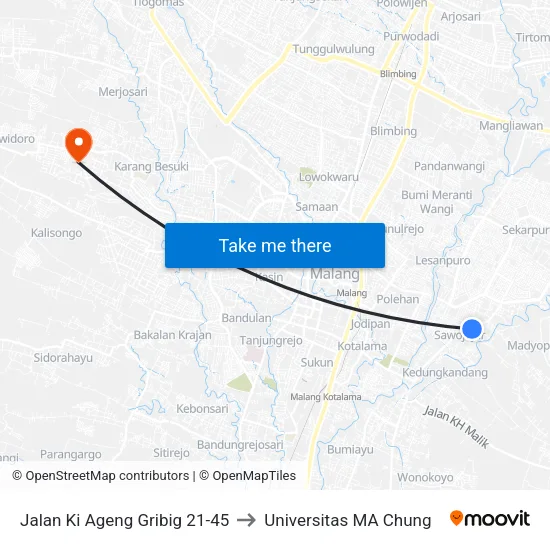 Jalan Ki Ageng Gribig 21-45 to Universitas MA Chung map
