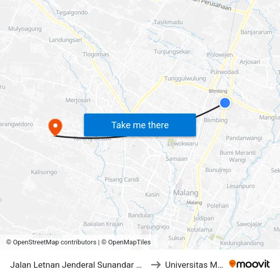 Jalan Letnan Jenderal Sunandar Priyo Sudarmo 12 to Universitas MA Chung map