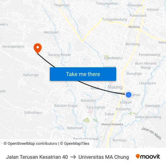 Jalan Terusan Kesatrian 40 to Universitas MA Chung map