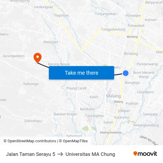 Jalan Taman Serayu 5 to Universitas MA Chung map