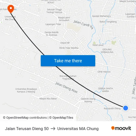 Jalan Terusan Dieng 50 to Universitas MA Chung map
