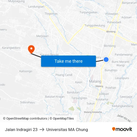 Jalan Indragiri 23 to Universitas MA Chung map