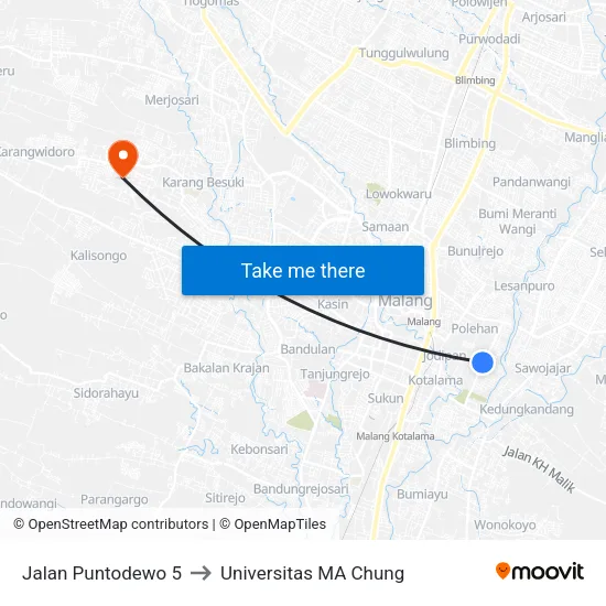 Jalan Puntodewo 5 to Universitas MA Chung map