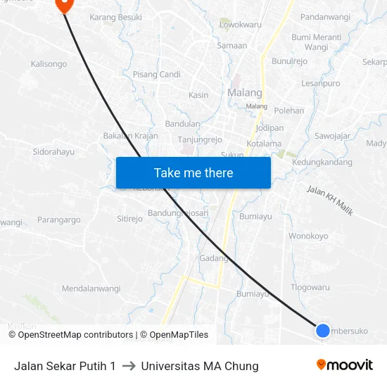 Jalan Sekar Putih 1 to Universitas MA Chung map