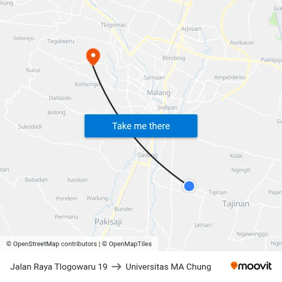 Jalan Raya Tlogowaru 19 to Universitas MA Chung map