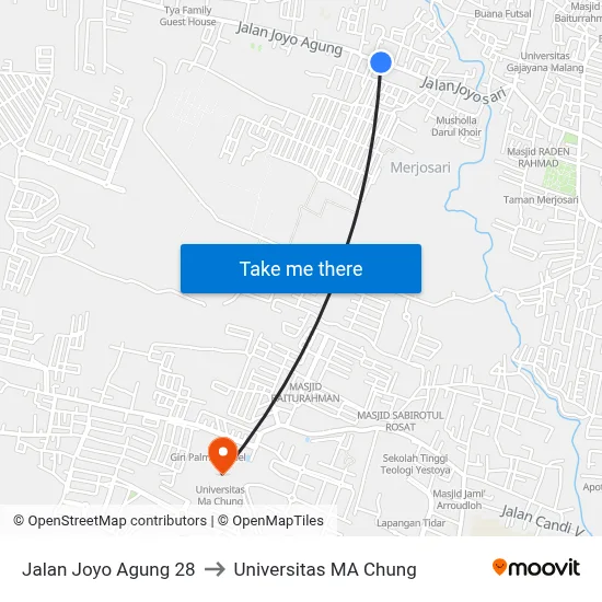 Jalan Joyo Agung 28 to Universitas MA Chung map