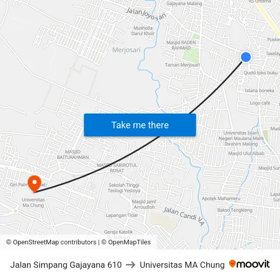 Jalan Simpang Gajayana 610 to Universitas MA Chung map