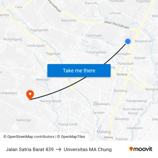 Jalan Satria Barat 439 to Universitas MA Chung map