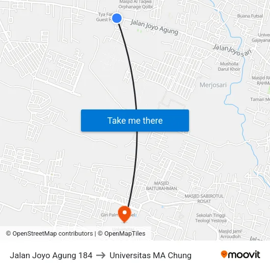 Jalan Joyo Agung 184 to Universitas MA Chung map