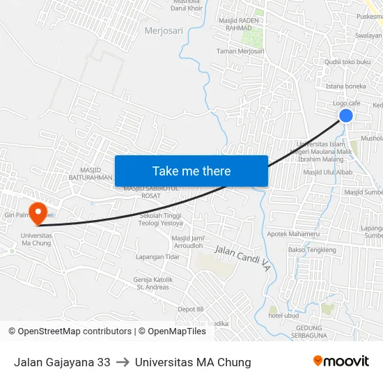 Jalan Gajayana 33 to Universitas MA Chung map