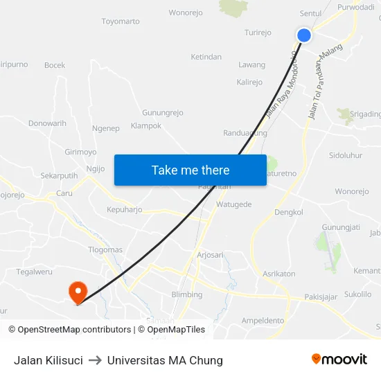 Jalan Kilisuci to Universitas MA Chung map