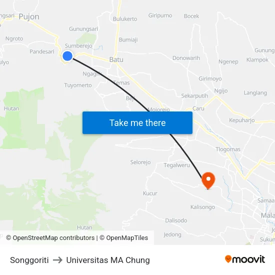 Songgoriti to Universitas MA Chung map
