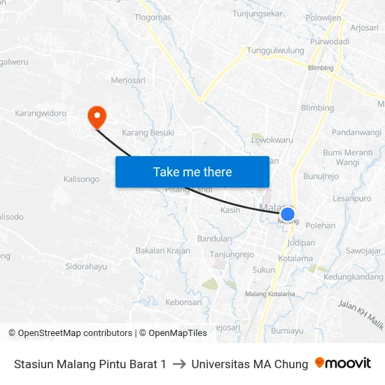 Stasiun Malang Pintu Barat 1 to Universitas MA Chung map