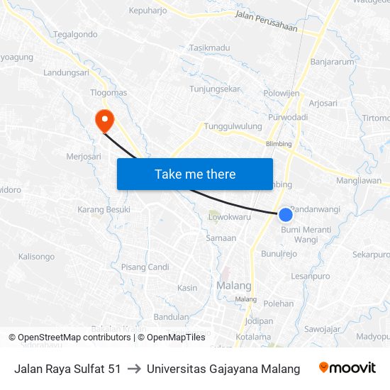 Jalan Raya Sulfat 51 to Universitas Gajayana Malang map