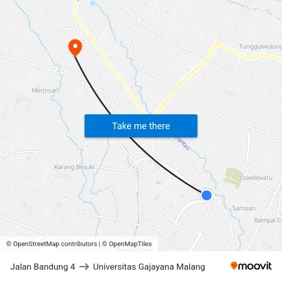 Jalan Bandung 4 to Universitas Gajayana Malang map