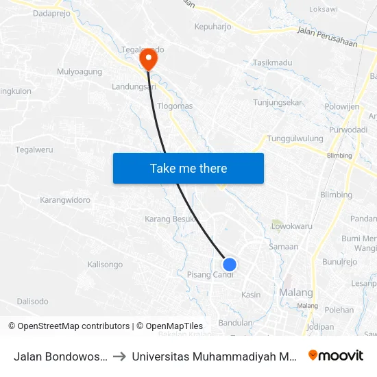 Jalan Bondowoso 2 to Universitas Muhammadiyah Malang map