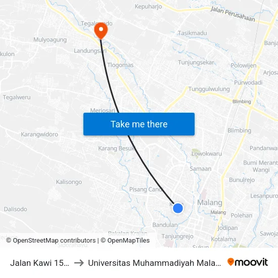 Jalan Kawi 15 B to Universitas Muhammadiyah Malang map